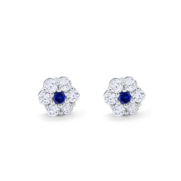 Cluster 7-Stone Round 8mm Simulated Blue Sapphire CZ 925 Sterling Silver Screwback Flower Stud Earring